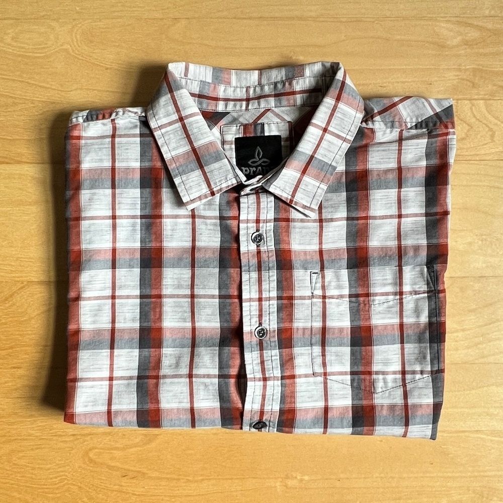 prAna Tamarack Red, Blue, Grey Plaid Short Sleeve Shirt Button Down